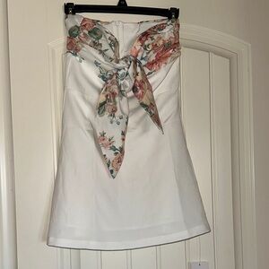 Strapless White Mini Dress with Floral Scarf Accent